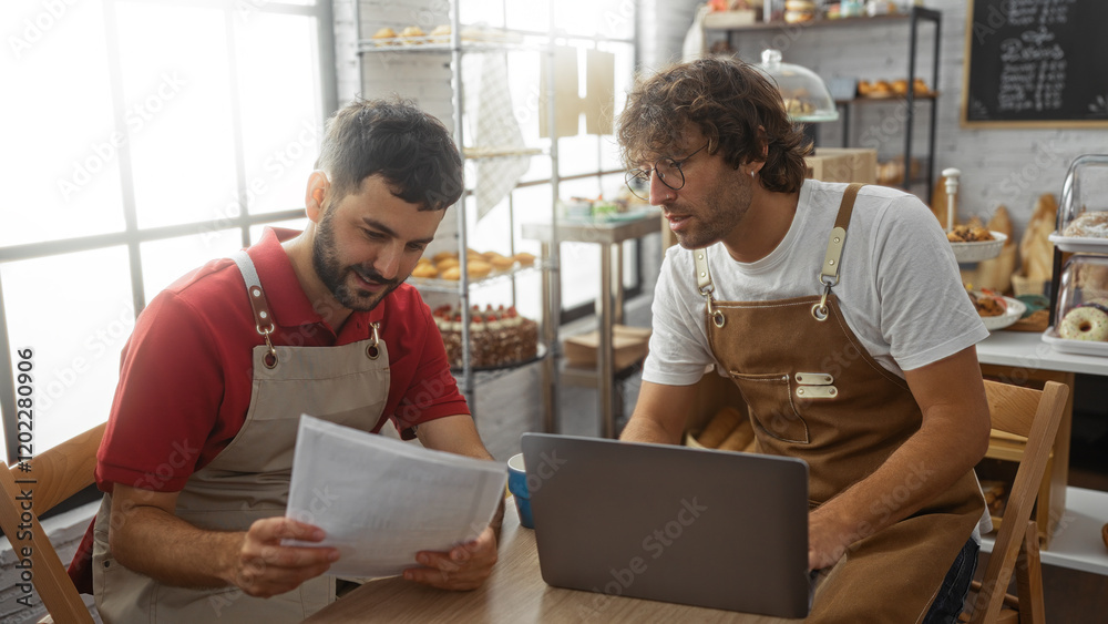 Men working together at a bakery shop, looking at documents and a laptop, surrounded by shelves of bread and pastries, engaging in conversation and planning their business operations Men working together at a bakery shop, looking at documents and a laptop, surrounded by shelves of bread and pastries, engaging in conversation and planning their business operations
