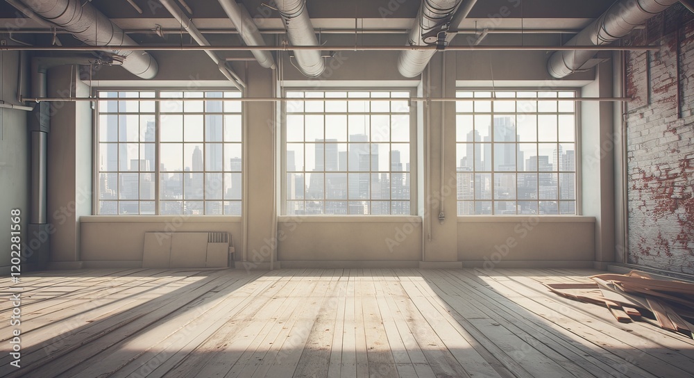 Bright, empty room with light wood floors and white brick walls, large windows offering city skyline views, ideal for showcasing flooring options. Bright, empty room with light wood floors and white brick walls, large windows offering city skyline views, ideal for showcasing flooring options.