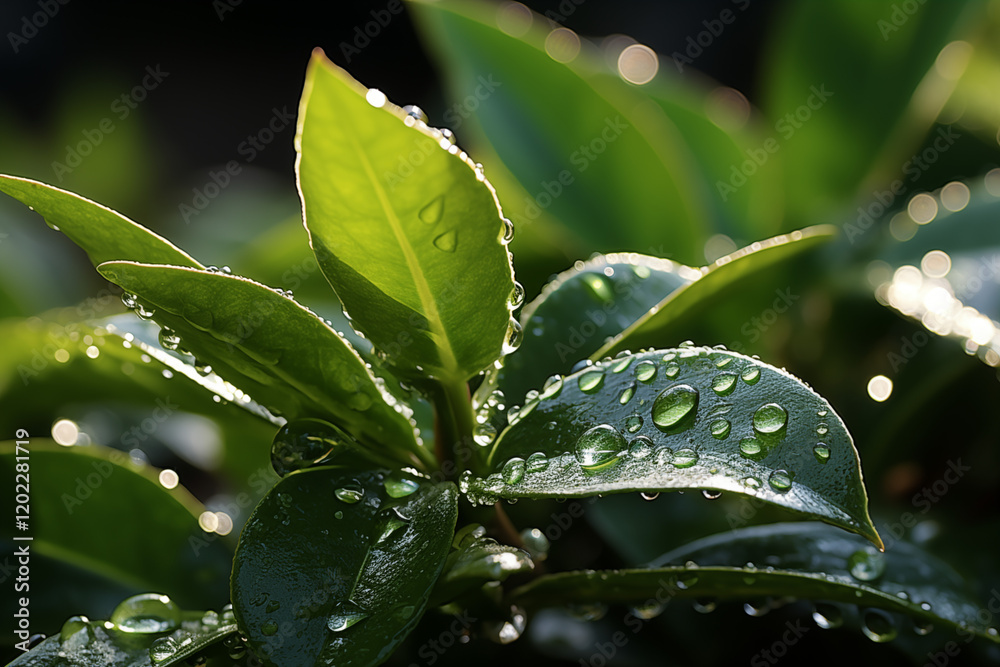 A close-up of dewdrops on fresh green leaves, softly illuminated by golden morning light A close-up of dewdrops on fresh green leaves, softly illuminated by golden morning light