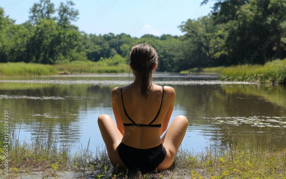 A woman in a black swimsuit sits by a tranquil water body, surrounded by lush greenery and reflecting skies