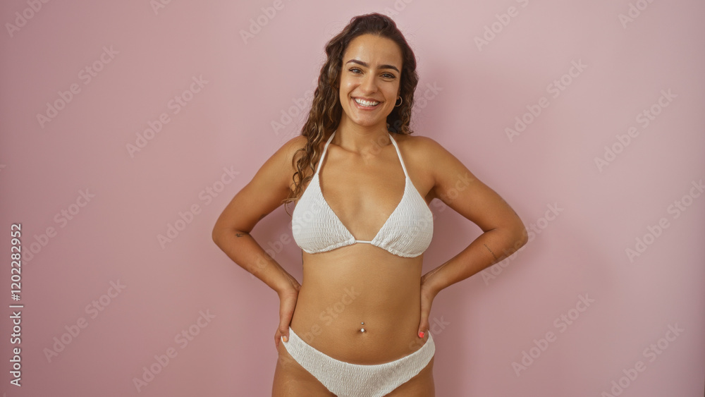 Fototapeta premium Attractive young hispanic brunette woman smiling confidently over isolated pink background in a bikini
