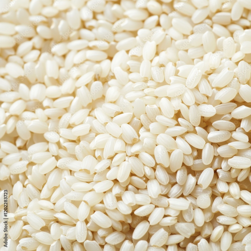 Close-up of uncooked white rice grains. Highlighting the texture and purity of the rice. Ideal for packaging designs and food advertisements.