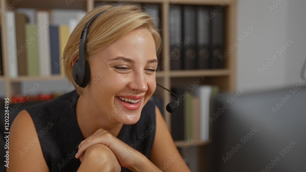 Naklejka premium Beautiful woman with short blonde hair wearing headset smiling in office environment with shelves and books in the background