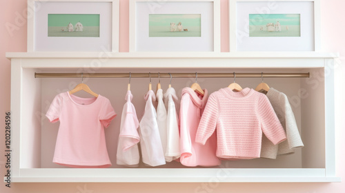 Children pastel dresses and shirts on hangers in open closet background