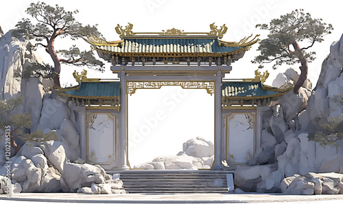 there is a large gate with a golden roof and a staircase