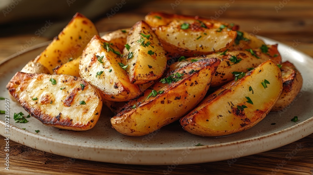 A minimalistic presentation of freshly baked potato wedges garnished with herbs on a rustic plate A minimalistic presentation of freshly baked potato wedges garnished with herbs on a rustic plate