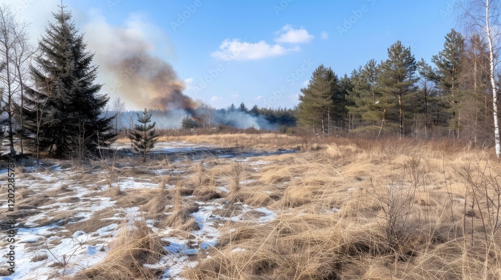 Dry grasses and shrubs surround a forest fire as smoke rises from pines and spruces under a clear blue sky. This dramatic event showcases nature's power and the impact of wildfires on ecosystems