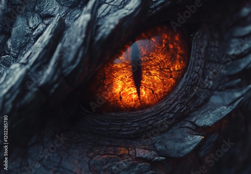 A close-up of the eye and irises of a dragon, showing its fiery orange glow against dark grey scales.  photo