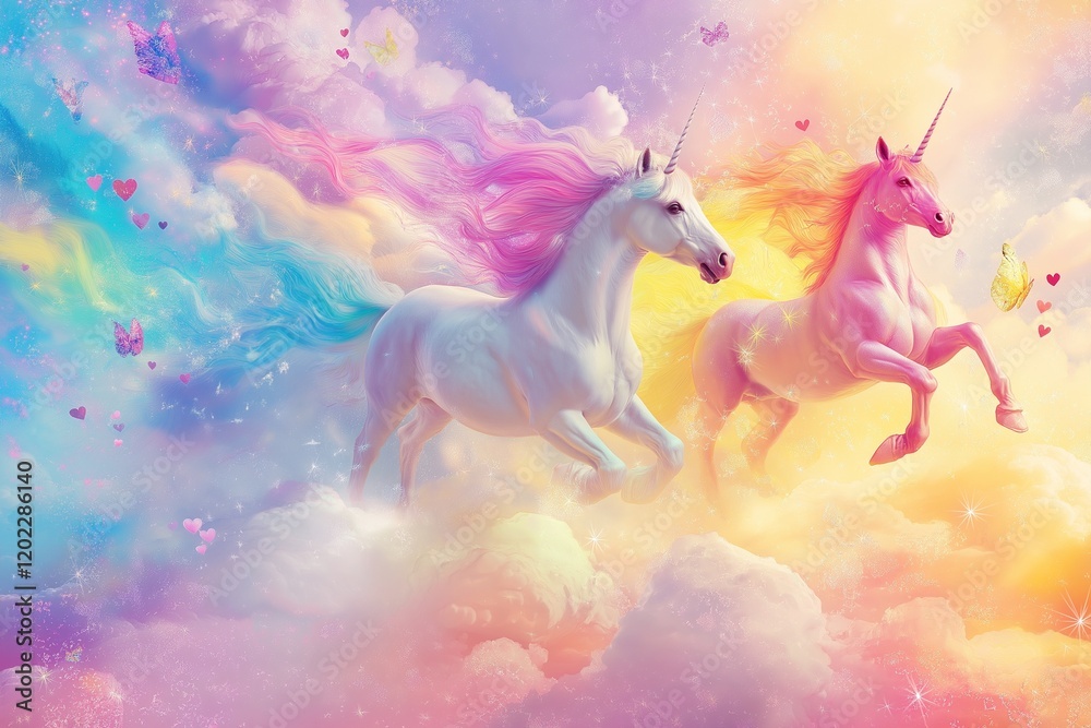 Obraz premium Whimsical Unicorns in Rainbow Sky: Magical Fantasy Scene