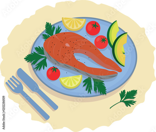 Salmon steaks on a plate. Culinary illustration.