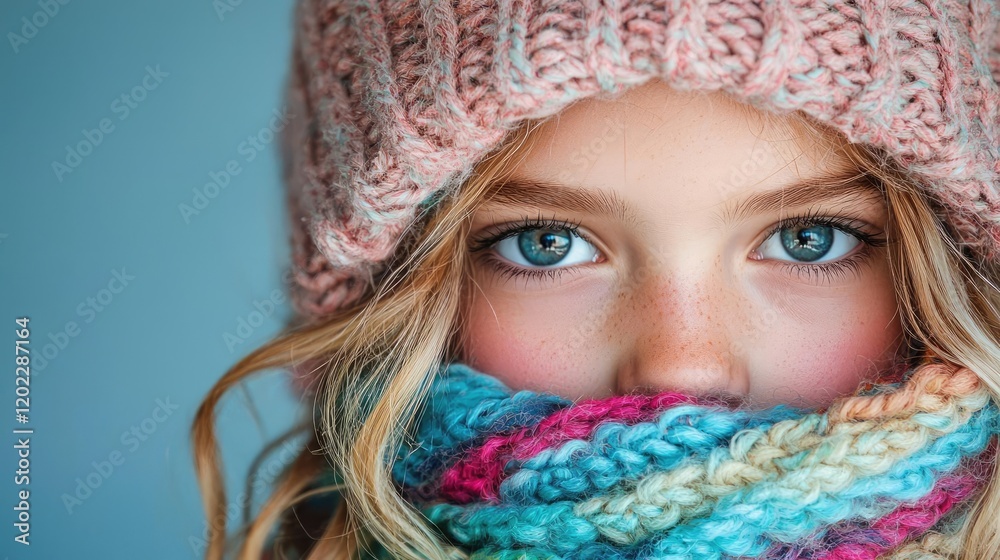 Girl winter portrait, scarf, hat, cold, studio background, website banner Girl winter portrait, scarf, hat, cold, studio background, website banner