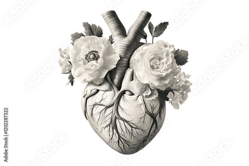 Monochrome floral anatomy heart combining flowers with anatomical heart structure artistically