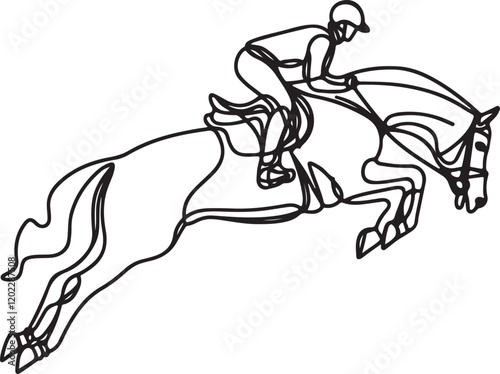 Line Drawing of Horse Rider Jumping - Vector Equestrian Art