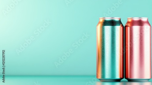 Image featuring two metallic drink cans, one pink and one blue, standing together on a smooth surface, set against a soft turquoise gradient backdrop. photo