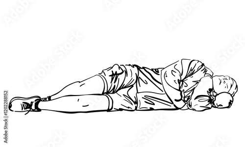 A man sleeping on his side with an unidentified round object under his head, wearing shorts, a jacket and shoes, Hand drawn illustration isolated, Vector monochrome sketch