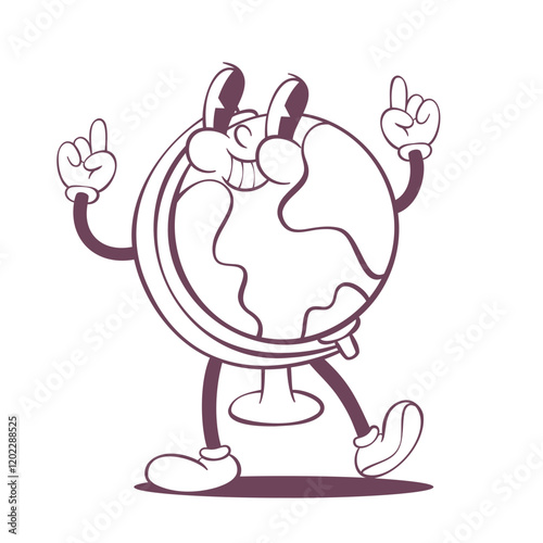 Retro groovy globe line art mascot, funky 70s character