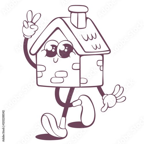 Retro groovy house line art mascot, funky 70s character
