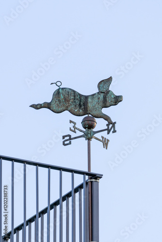 A pig is on a weather vane that is pointing to the west