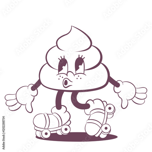 Retro groovy poop line art mascot, funky 70s character
