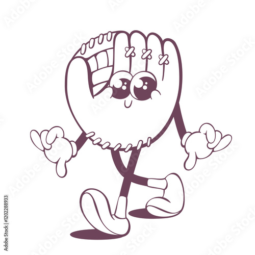 Retro groovy baseball glove line art mascot, funky 70s character