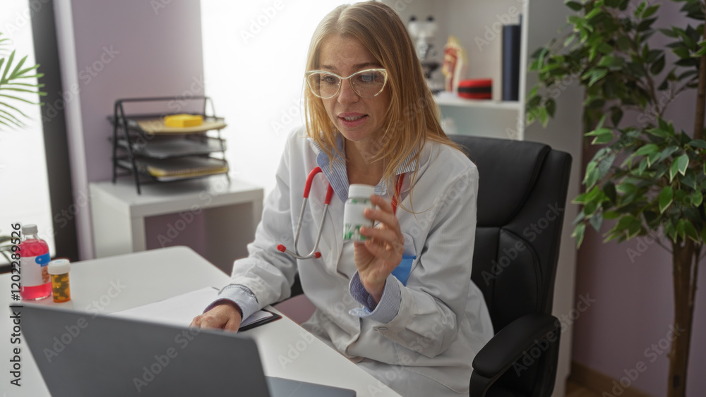 Female doctor in clinic consulting online with laptop, holding medicine bottle, indoor setting, blonde caucasian woman wearing glasses, professional workspace, modern interior design Female doctor in clinic consulting online with laptop, holding medicine bottle, indoor setting, blonde caucasian woman wearing glasses, professional workspace, modern interior design