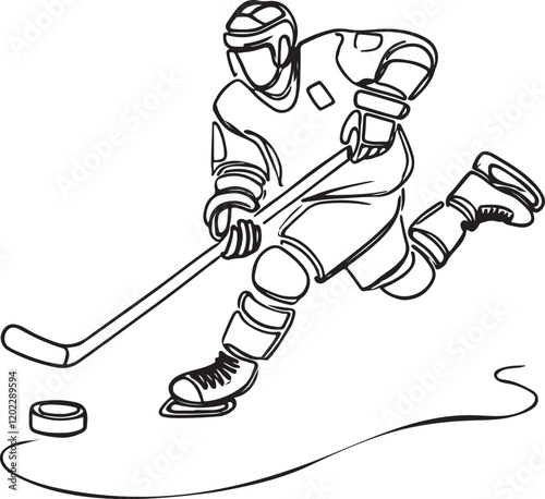 Ice Hockey Player Line Art Vector - Puck Shot Action