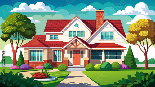 an upper class sitcom house, white brick with a red roof, contemporary style, with perfectly manicured lawn, flowers and trees, realistic, shot on film
