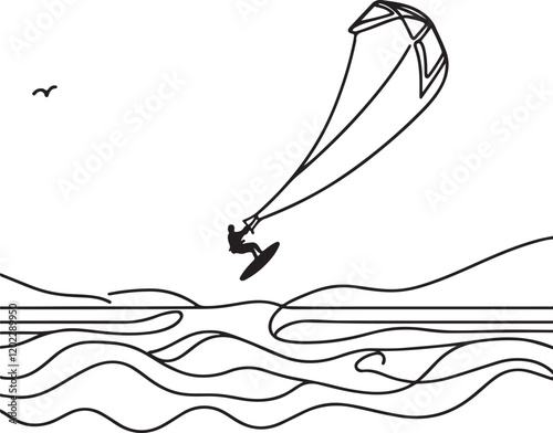 Stylish Line Art of Kitesurfing Over Ocean Waves - Vector Illustration
