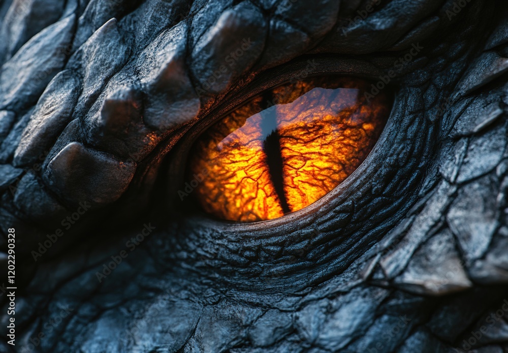 A close-up of the eye and irises of a dragon, showing its fiery orange glow against dark grey scales. A close-up of the eye and irises of a dragon, showing its fiery orange glow against dark grey scales.