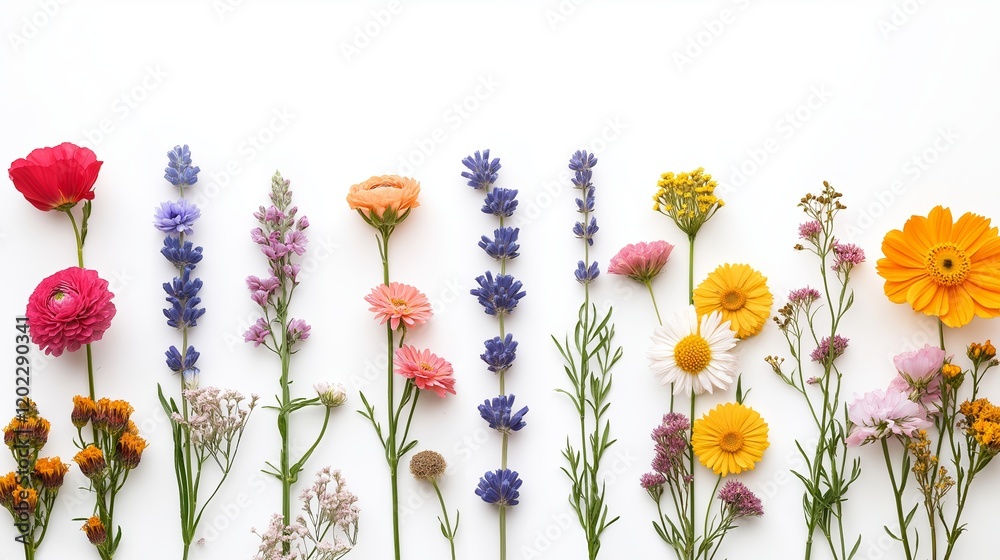 Obraz premium A minimalistic arrangement of diverse flowers on a white background, ideal for International Women's Day banners with space for inscriptions