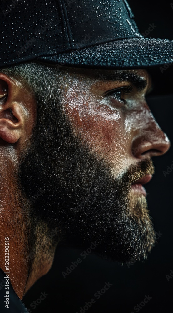 Obraz premium Portrait of an American baseball player with a sweaty face, wearing a black cap, in a stadium