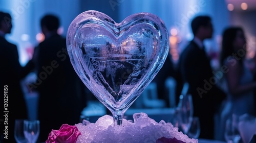 An illuminated ice heart sculpture stands at a wedding reception, surrounded by guests