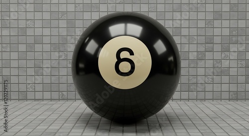 Realistic 3D Rendering of a Classic Black Magic 8-Ball on Mosaic Tile Background photo