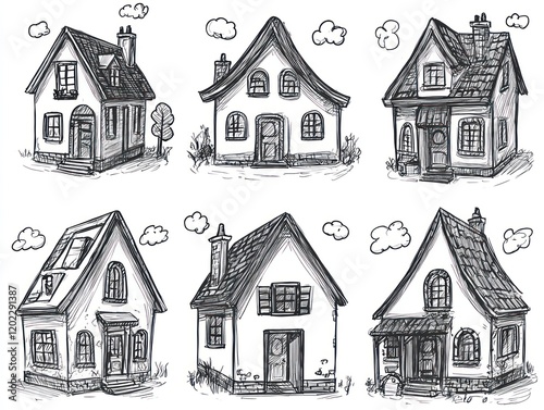 Hand-drawn doodle sketches various house illustrations