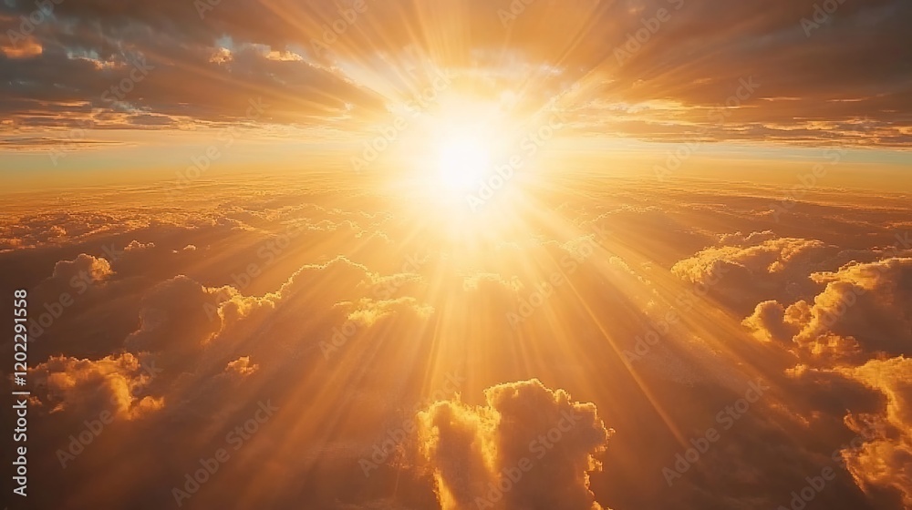 A photograph of the sun shining through clouds, casting golden rays on the earth from above in a sky view. A photograph of the sun shining through clouds, casting golden rays on the earth from above in a sky view.