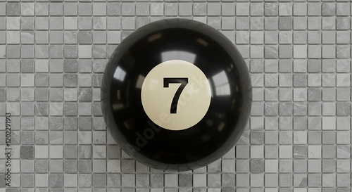 Realistic 3D Rendering of a Classic Black Magic 8-Ball on Mosaic Tile Background photo