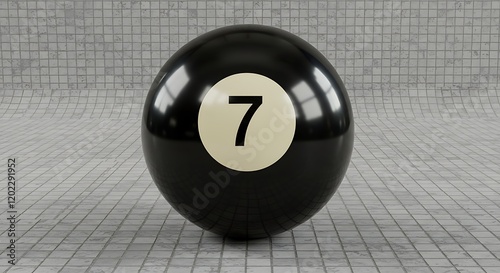 Realistic 3D Rendering of a Classic Black Magic 8-Ball on Mosaic Tile Background photo