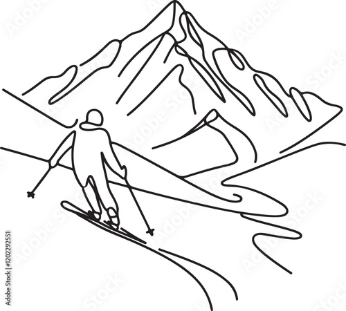 Vector Snowy Mountain Skiing - Line Drawing with Snow Trails