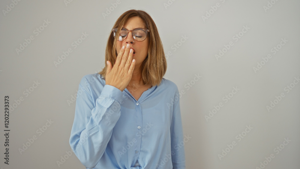 Woman yawning with hand covering mouth against a white background wearing blue shirt and glasses isolated on white wall Woman yawning with hand covering mouth against a white background wearing blue shirt and glasses isolated on white wall