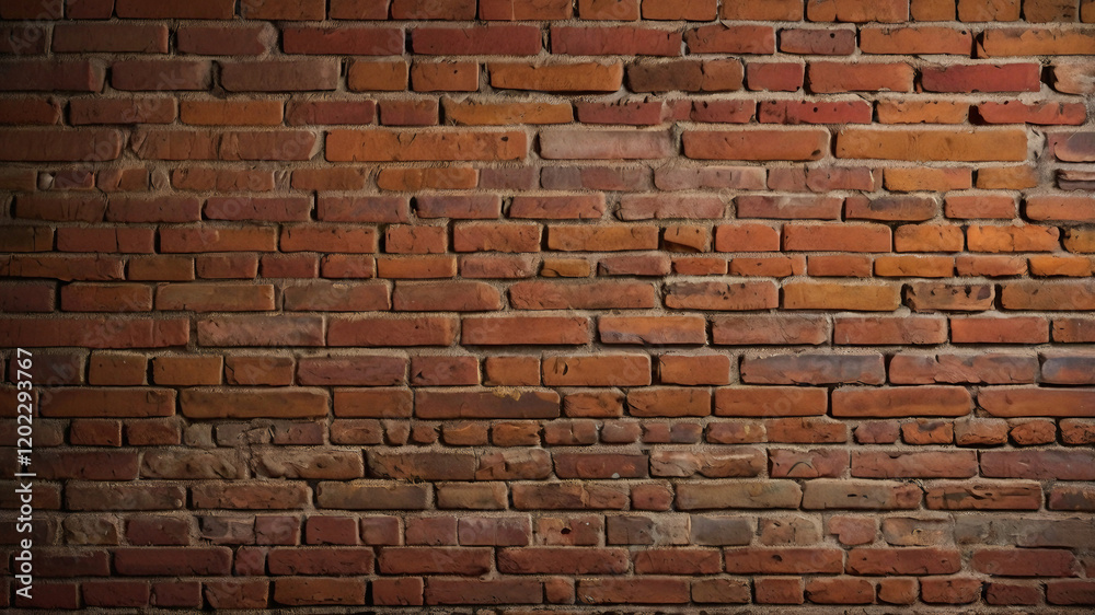 Fototapeta premium Brick wall with rich red and orange hues, showcasing natural imperfections and textures. Ideal for creating a rustic or industrial themed atmosphere