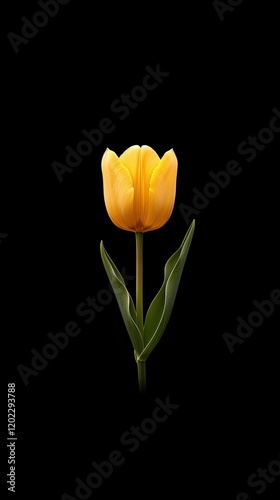 A vibrant yellow tulip is centrally positioned against a black background, showcasing its delicate petals and green leaves. The minimalist approach highlights its elegance and beauty in soft focus