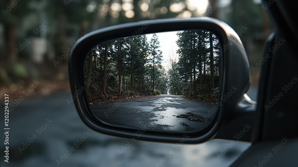 Reflections of an empty road in side mirror forest area calm environment close-up view journey concept Reflections of an empty road in side mirror forest area calm environment close-up view journey concept