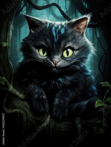 The Enigmatic Cheshire Cat: A Black Furry Feline Sitting and Looking with Dreamy Eyes in a Fairytale Setting (Aspect Ratio: 2:3)