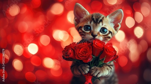 Cute kitten holding red roses with heartwarming bokeh background. The 14th of February. Happy Valentine's Day photo