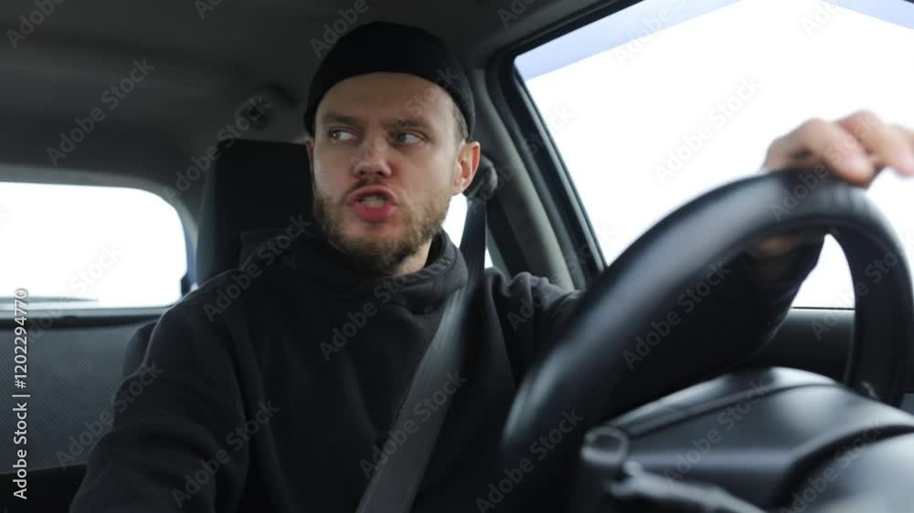 emotional bearded man driver driving and emotional emotional bearded man driver driving and emotional