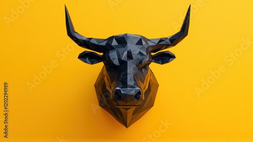 3d Geometric polygon shaped black bull head on yellow background