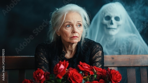 An elderly woman seated looks pensively past vibrant red roses as a spectral figure looms discreetly behind her, imbuing the scene with nostalgia and mystery. photo