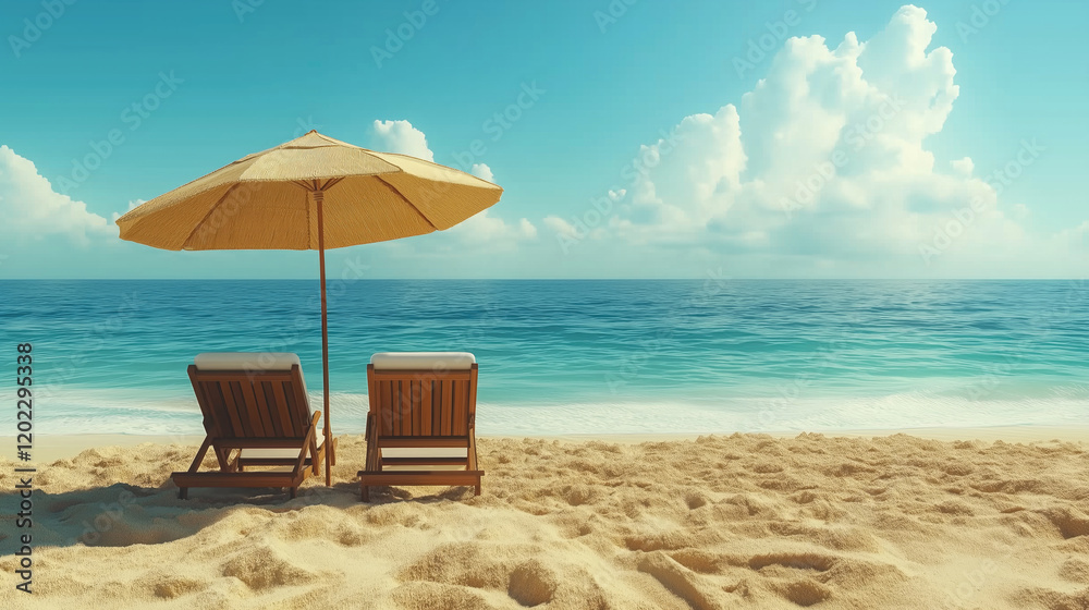 Tranquil beach scene with two empty lounge chairs and umbrella on sandy shore Tranquil beach scene with two empty lounge chairs and umbrella on sandy shore