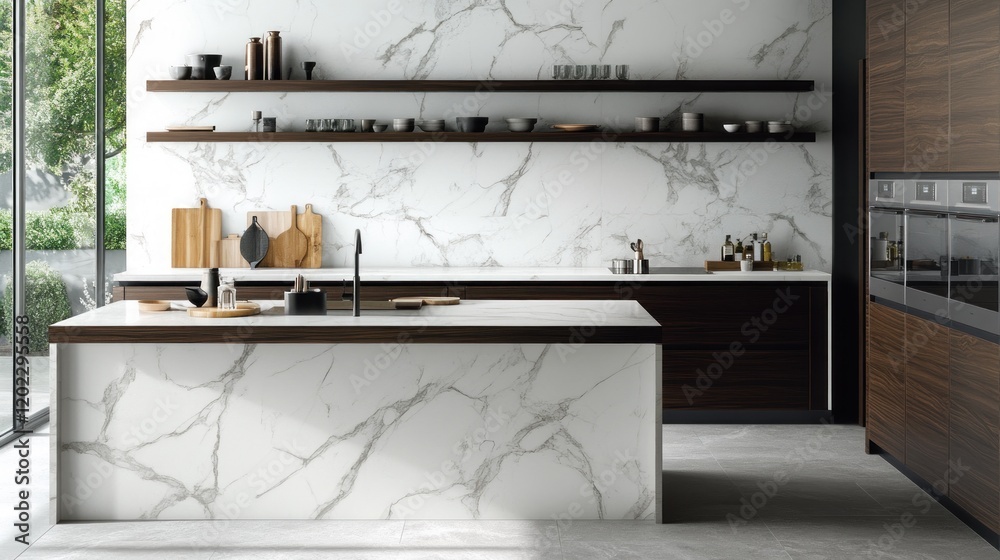 Modern kitchen interior with white marble countertop and wooden shelves and cabinets Modern kitchen interior with white marble countertop and wooden shelves and cabinets