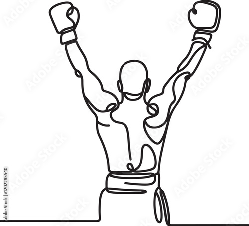 Vector Line Drawing of Boxer Raising Arms in Victory